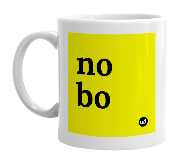 White mug with 'no bo' in bold black letters