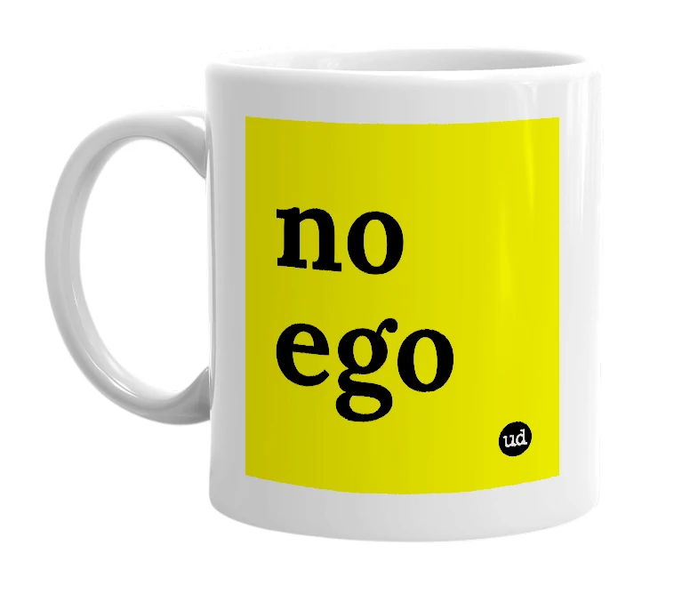 White mug with 'no ego' in bold black letters