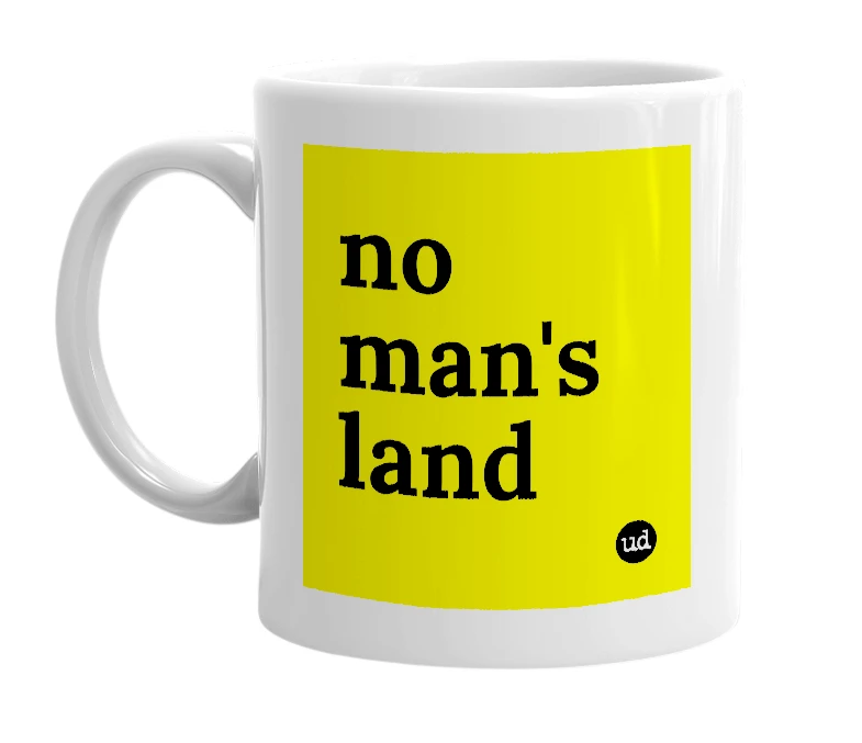 White mug with 'no man's land' in bold black letters