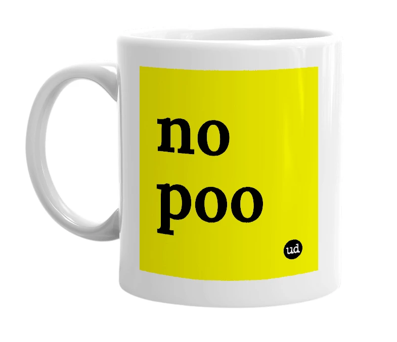 White mug with 'no poo' in bold black letters