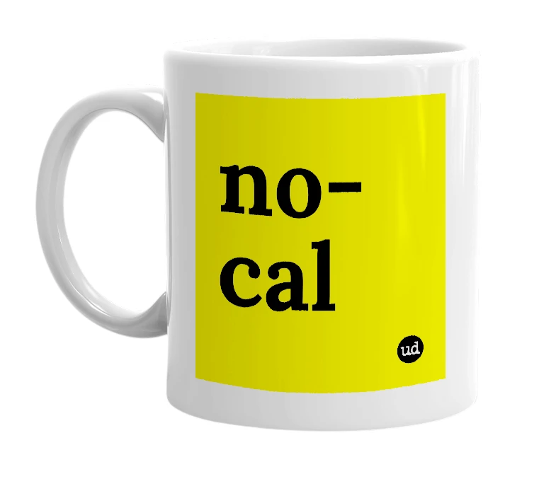 White mug with 'no-cal' in bold black letters