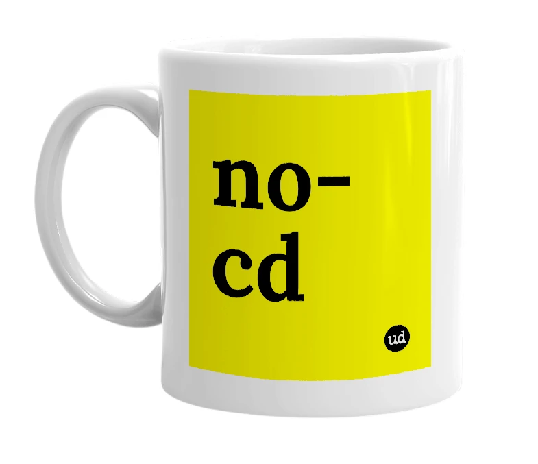 White mug with 'no-cd' in bold black letters