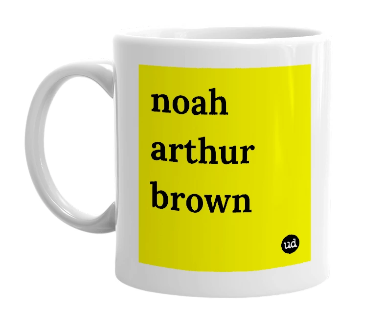 White mug with 'noah arthur brown' in bold black letters
