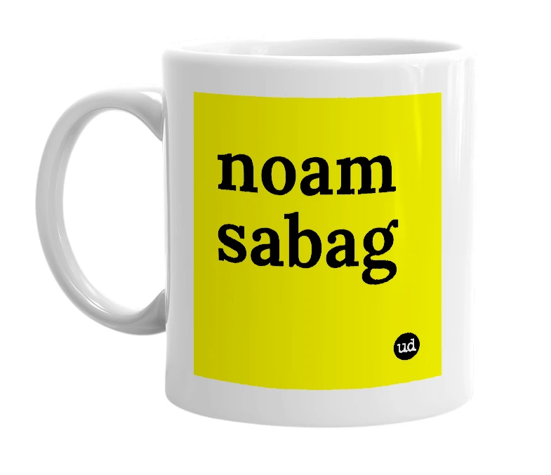 White mug with 'noam sabag' in bold black letters