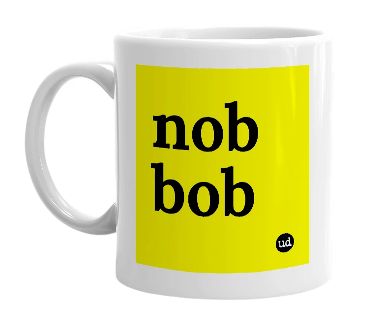 White mug with 'nob bob' in bold black letters