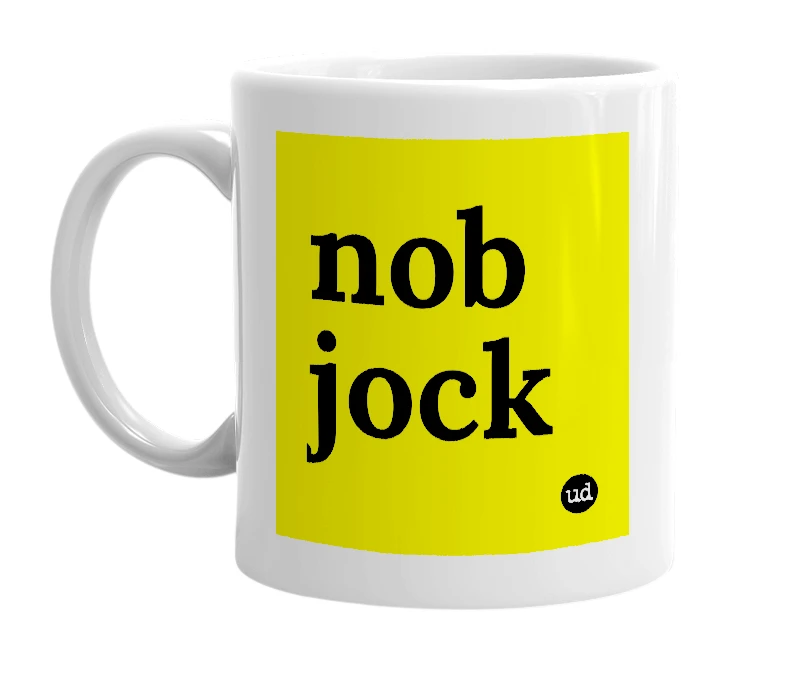 White mug with 'nob jock' in bold black letters