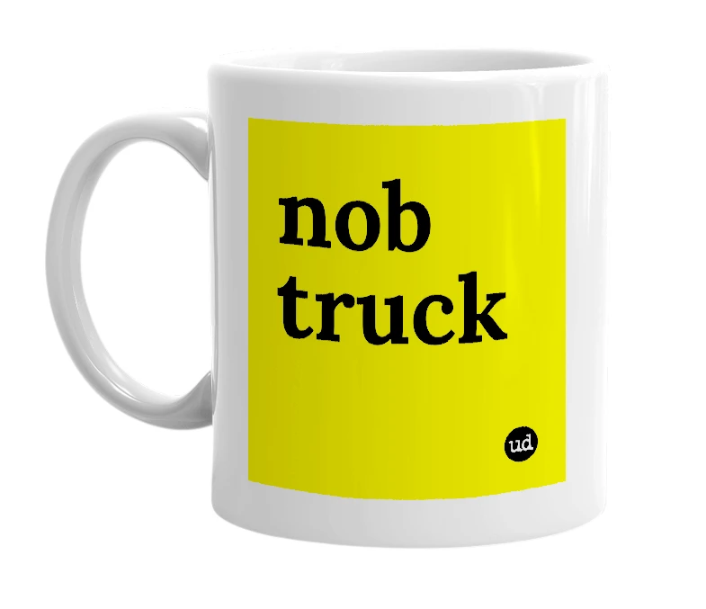 White mug with 'nob truck' in bold black letters