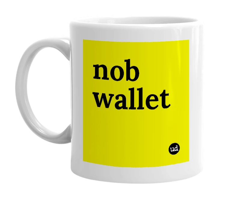 White mug with 'nob wallet' in bold black letters