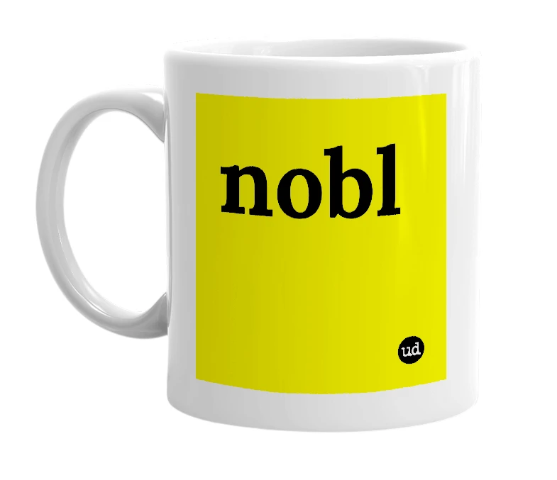 White mug with 'nobl' in bold black letters