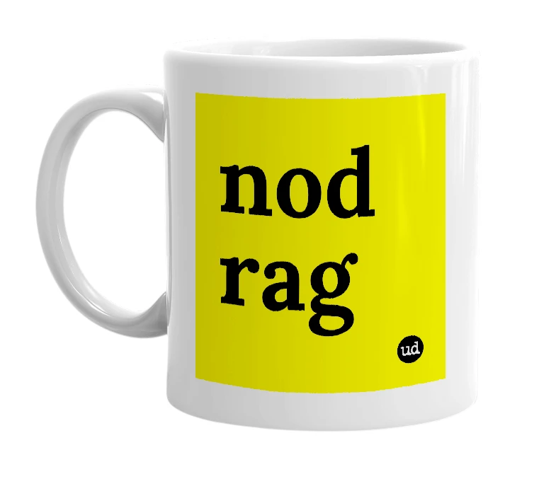 White mug with 'nod rag' in bold black letters