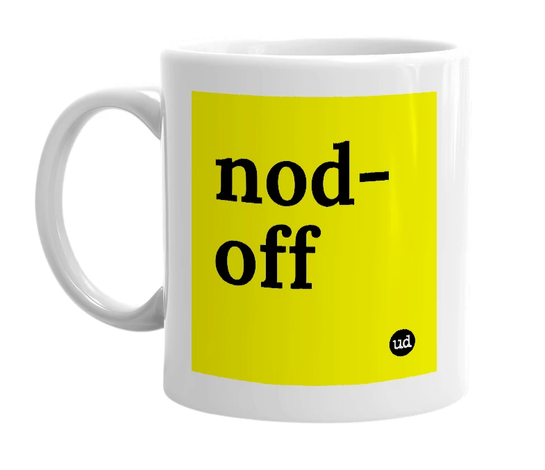 White mug with 'nod-off' in bold black letters