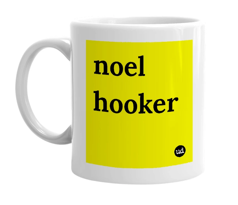 White mug with 'noel hooker' in bold black letters