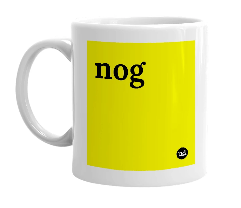 White mug with 'nog' in bold black letters