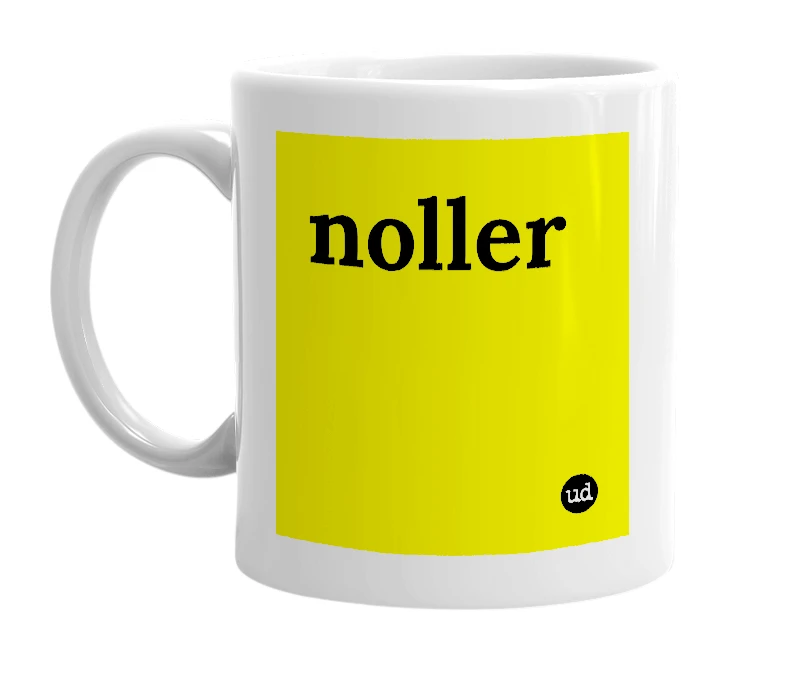 White mug with 'noller' in bold black letters