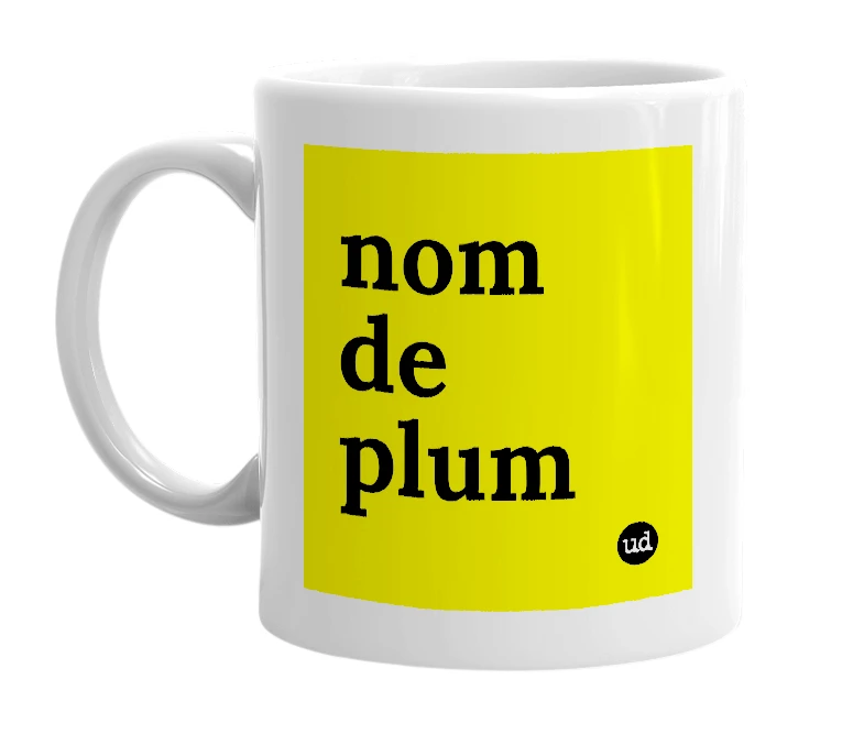 White mug with 'nom de plum' in bold black letters