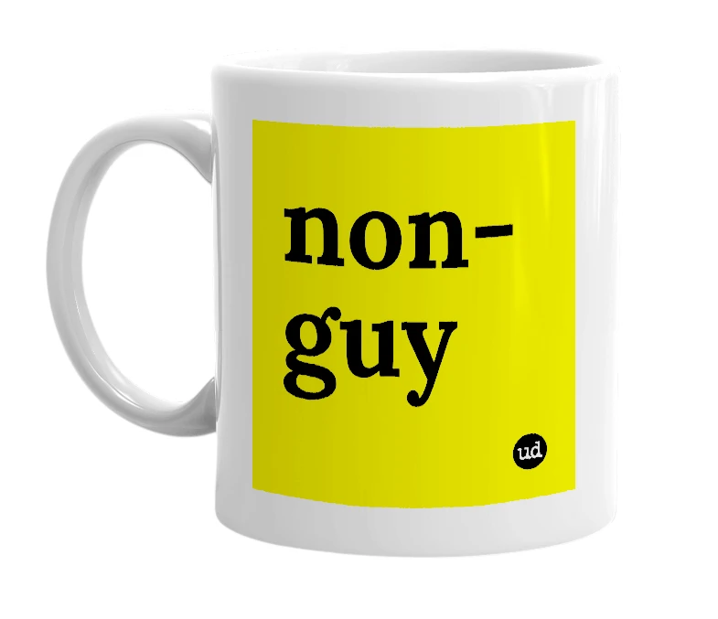 White mug with 'non-guy' in bold black letters