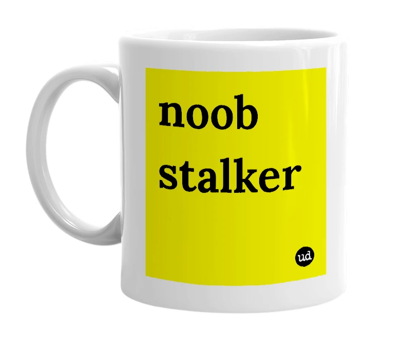 White mug with 'noob stalker' in bold black letters