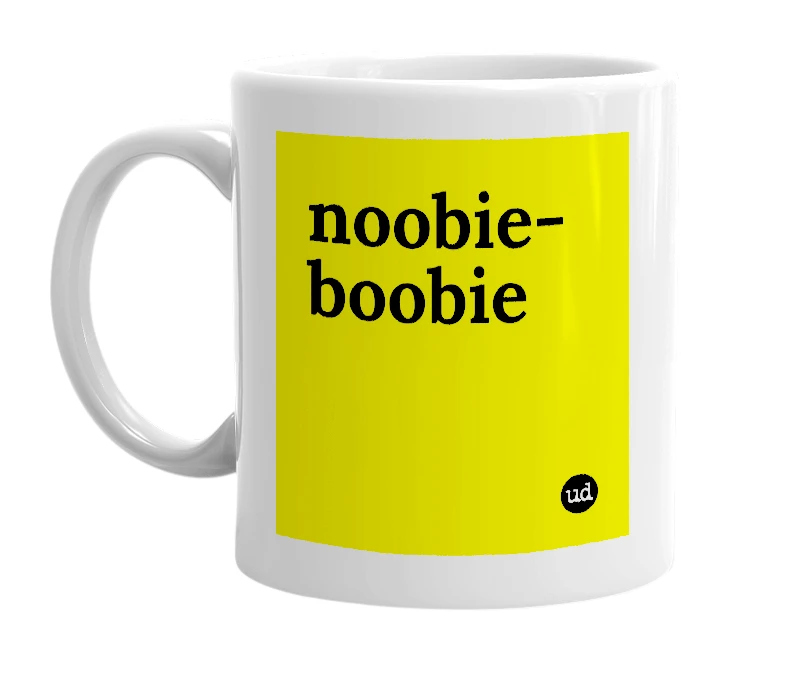 White mug with 'noobie-boobie' in bold black letters