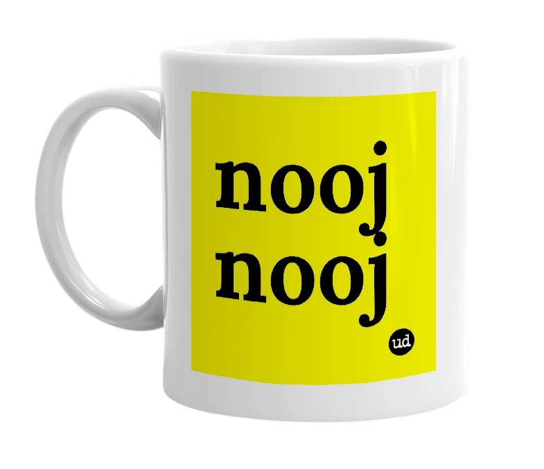 White mug with 'nooj nooj' in bold black letters