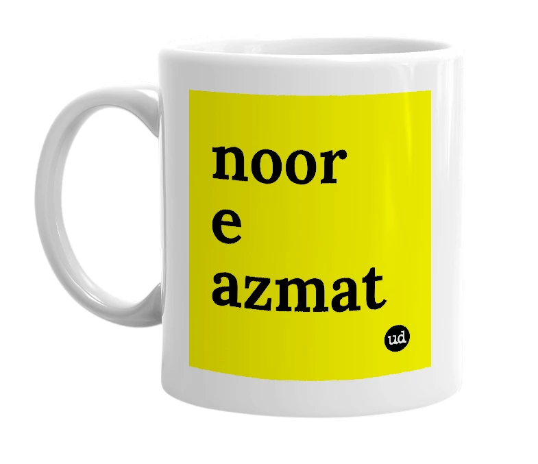 White mug with 'noor e azmat' in bold black letters
