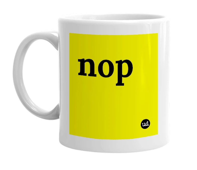 White mug with 'nop' in bold black letters