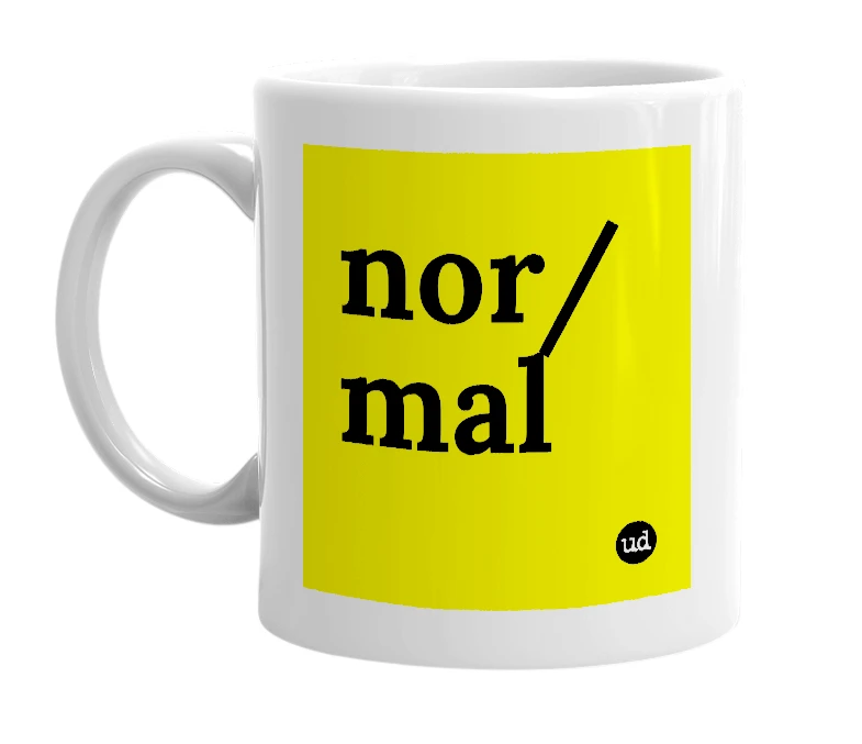 White mug with 'nor/mal' in bold black letters