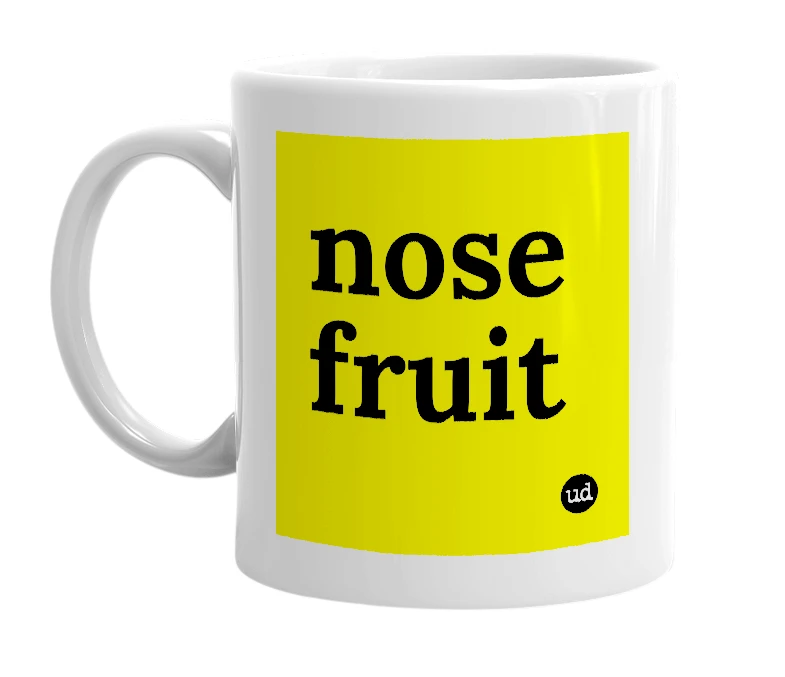 White mug with 'nose fruit' in bold black letters