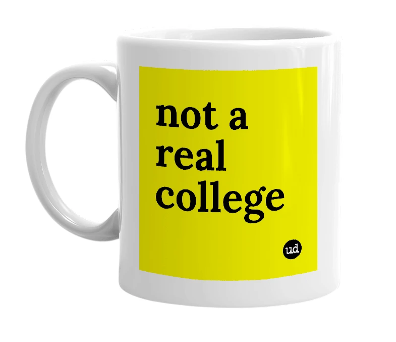 White mug with 'not a real college' in bold black letters
