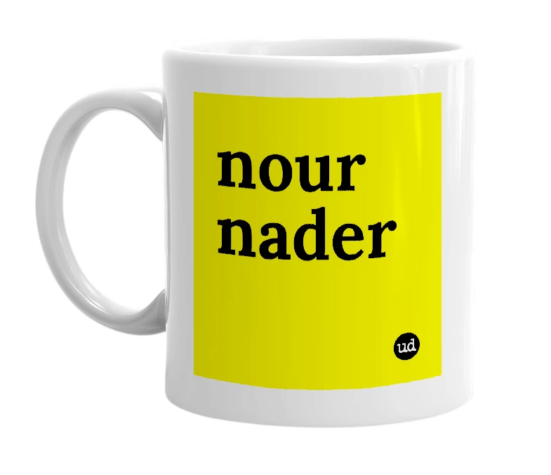 White mug with 'nour nader' in bold black letters