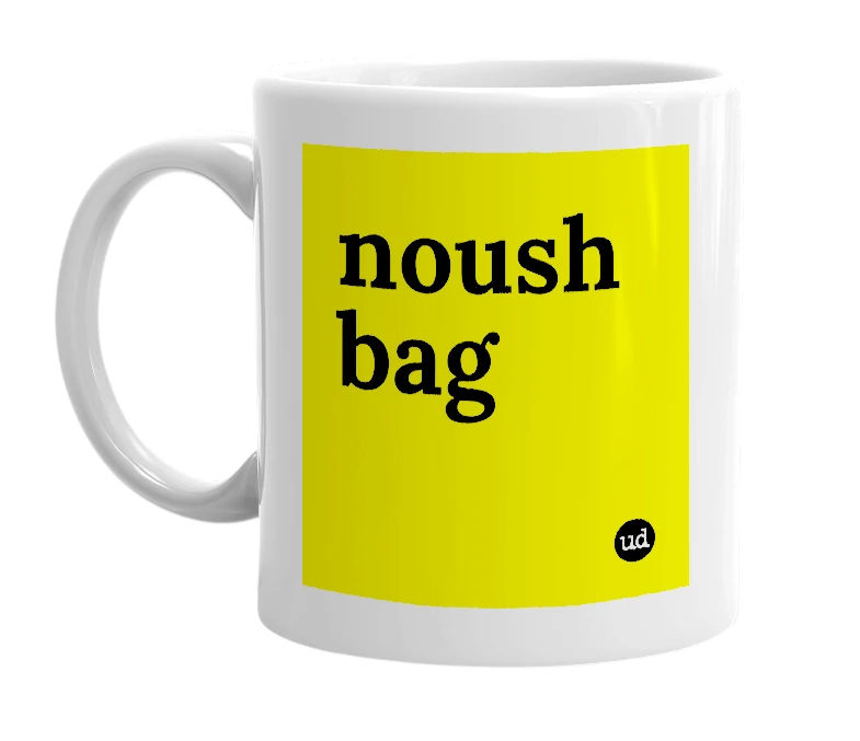White mug with 'noush bag' in bold black letters