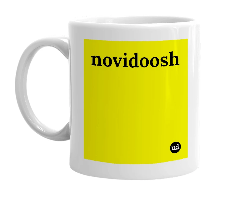 White mug with 'novidoosh' in bold black letters