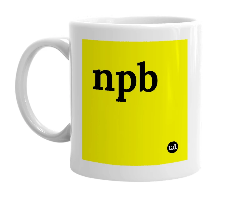 White mug with 'npb' in bold black letters
