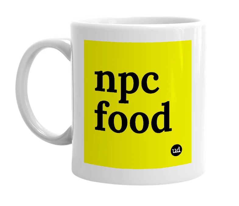 White mug with 'npc food' in bold black letters