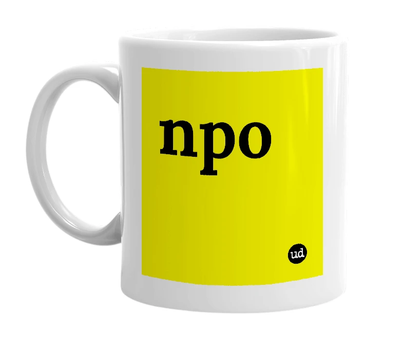 White mug with 'npo' in bold black letters