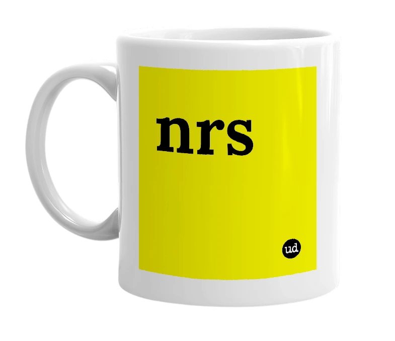 White mug with 'nrs' in bold black letters