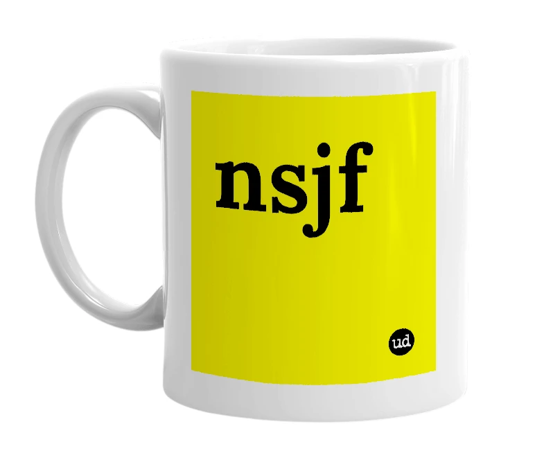 White mug with 'nsjf' in bold black letters