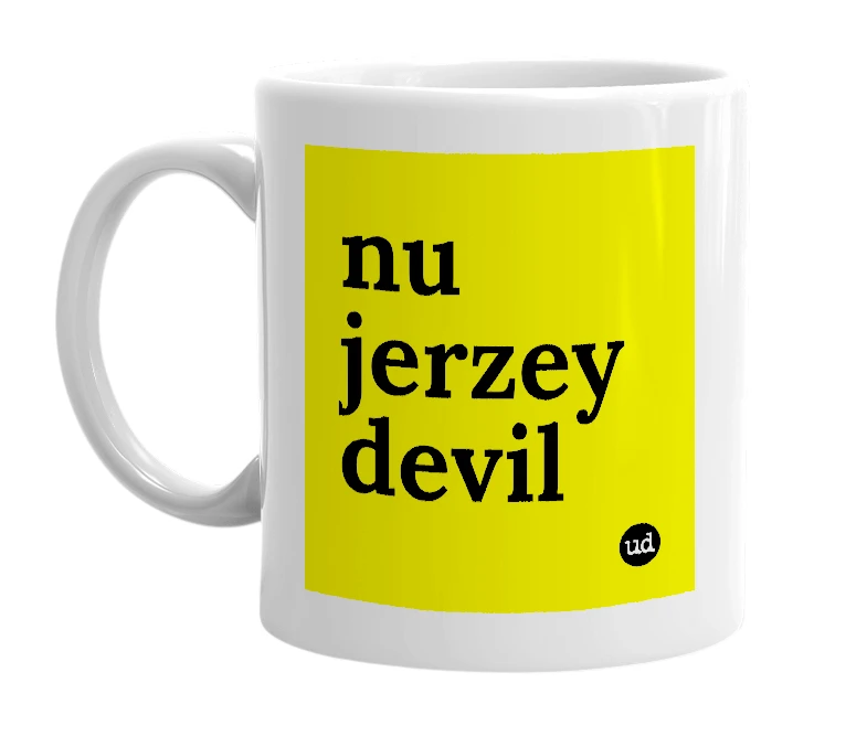 White mug with 'nu jerzey devil' in bold black letters