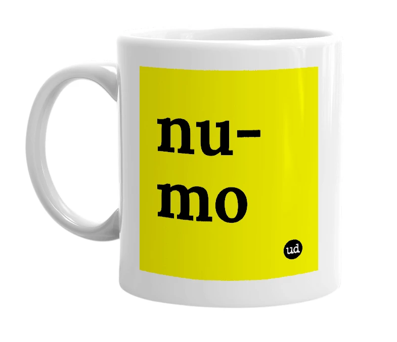 White mug with 'nu-mo' in bold black letters