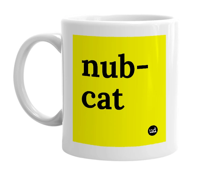 White mug with 'nub-cat' in bold black letters