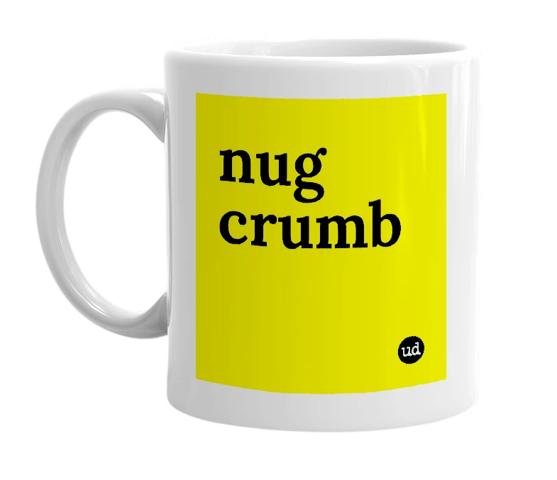 White mug with 'nug crumb' in bold black letters