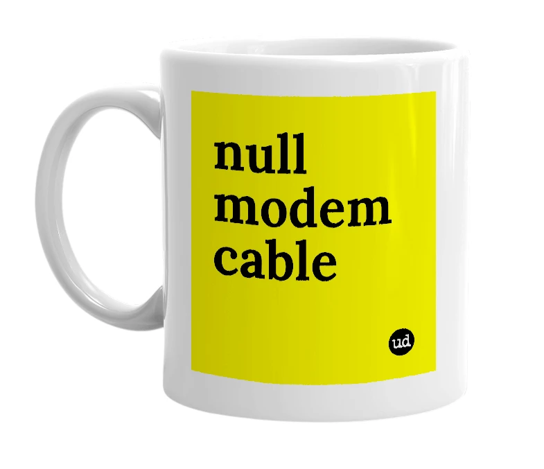 White mug with 'null modem cable' in bold black letters