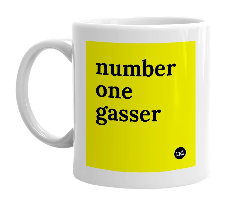 White mug with 'number one gasser' in bold black letters