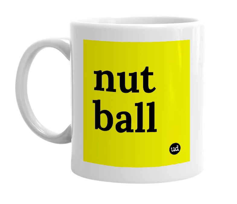 White mug with 'nut ball' in bold black letters