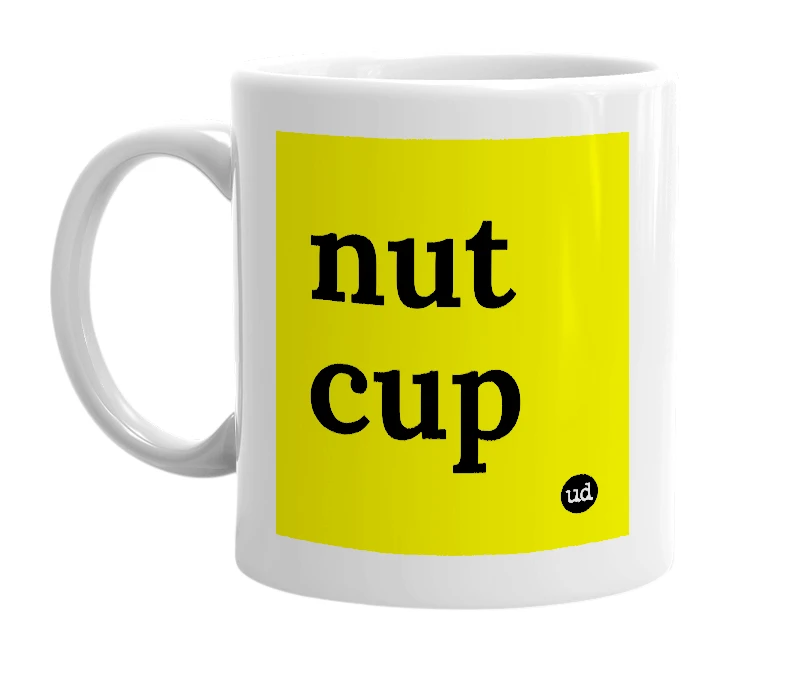 White mug with 'nut cup' in bold black letters