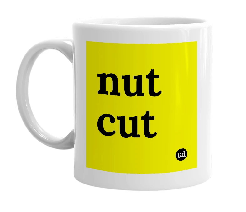 White mug with 'nut cut' in bold black letters