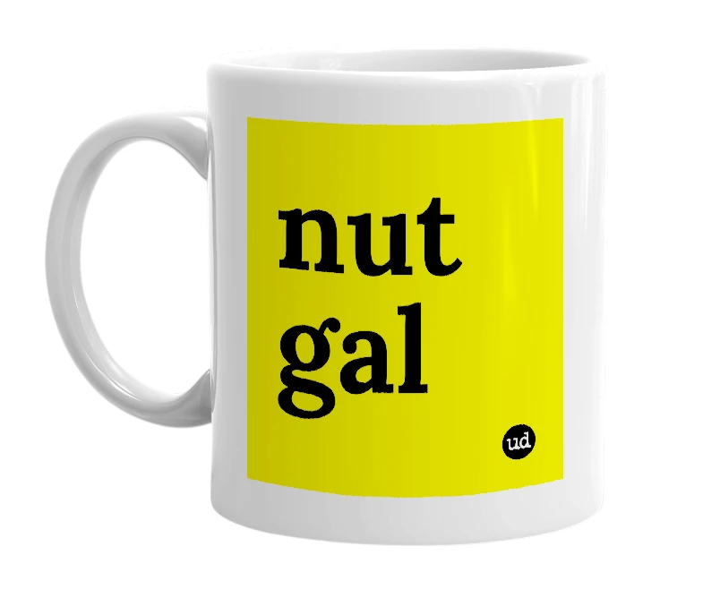 White mug with 'nut gal' in bold black letters