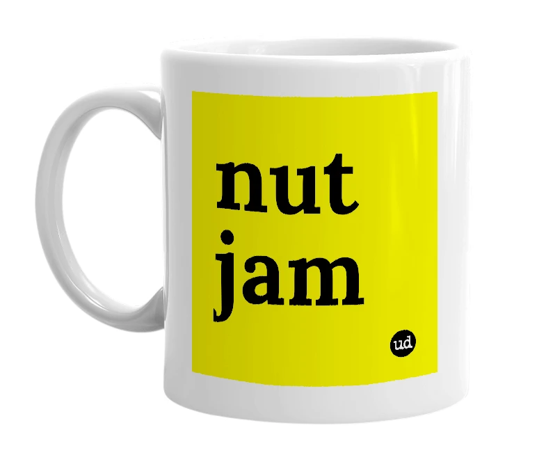 White mug with 'nut jam' in bold black letters