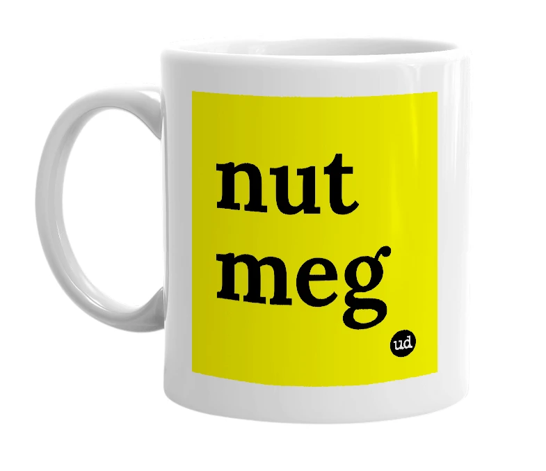 White mug with 'nut meg' in bold black letters