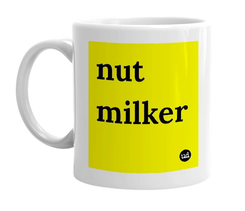 White mug with 'nut milker' in bold black letters