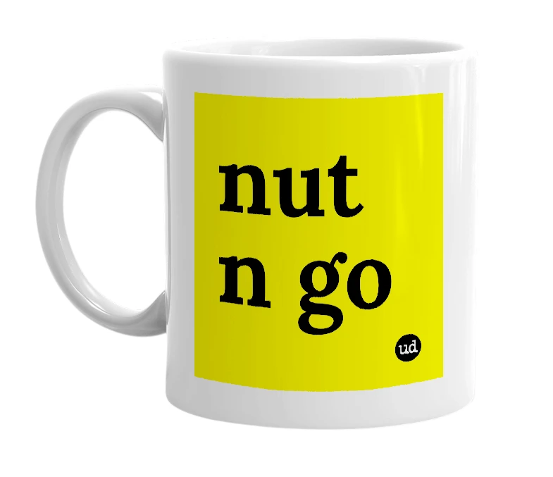 White mug with 'nut n go' in bold black letters